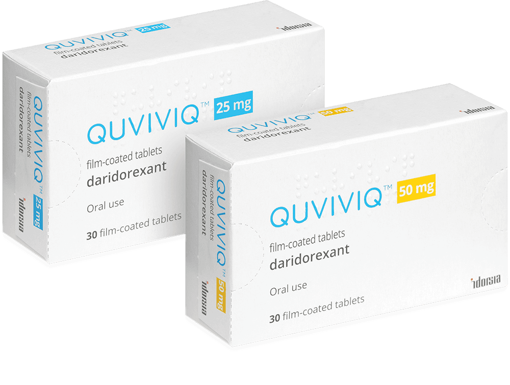 Two packs of Quviviq film-coated tablets, 25 mg and 50 mg